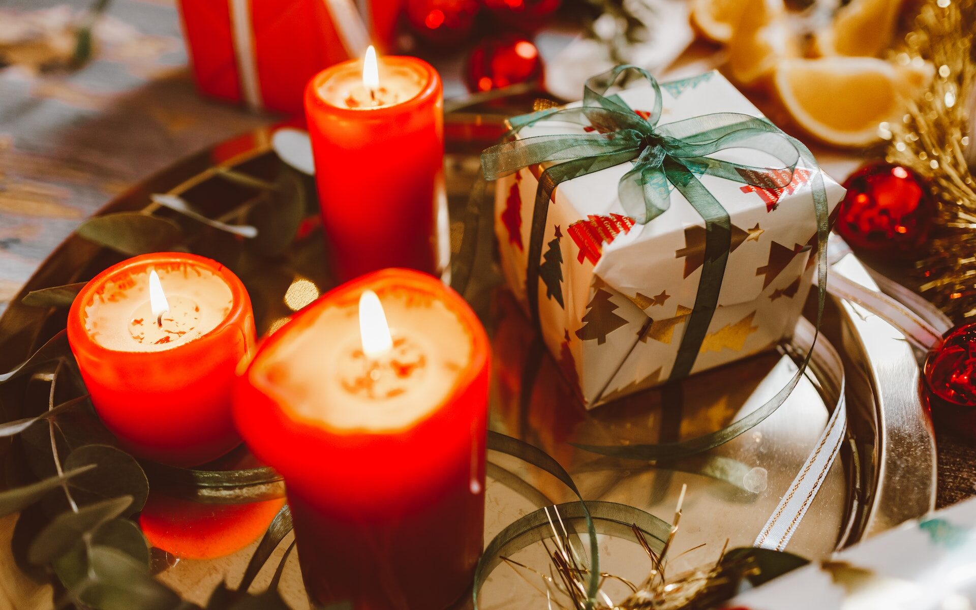 Christmas Gift Red Lighted Candles